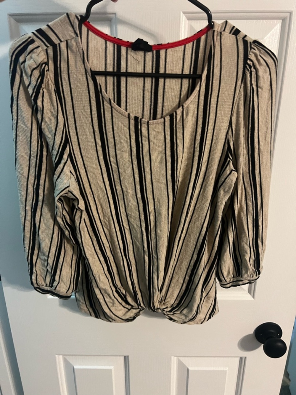 Striped Black and Cream Long-Sleeve Knot-Front Women's Top